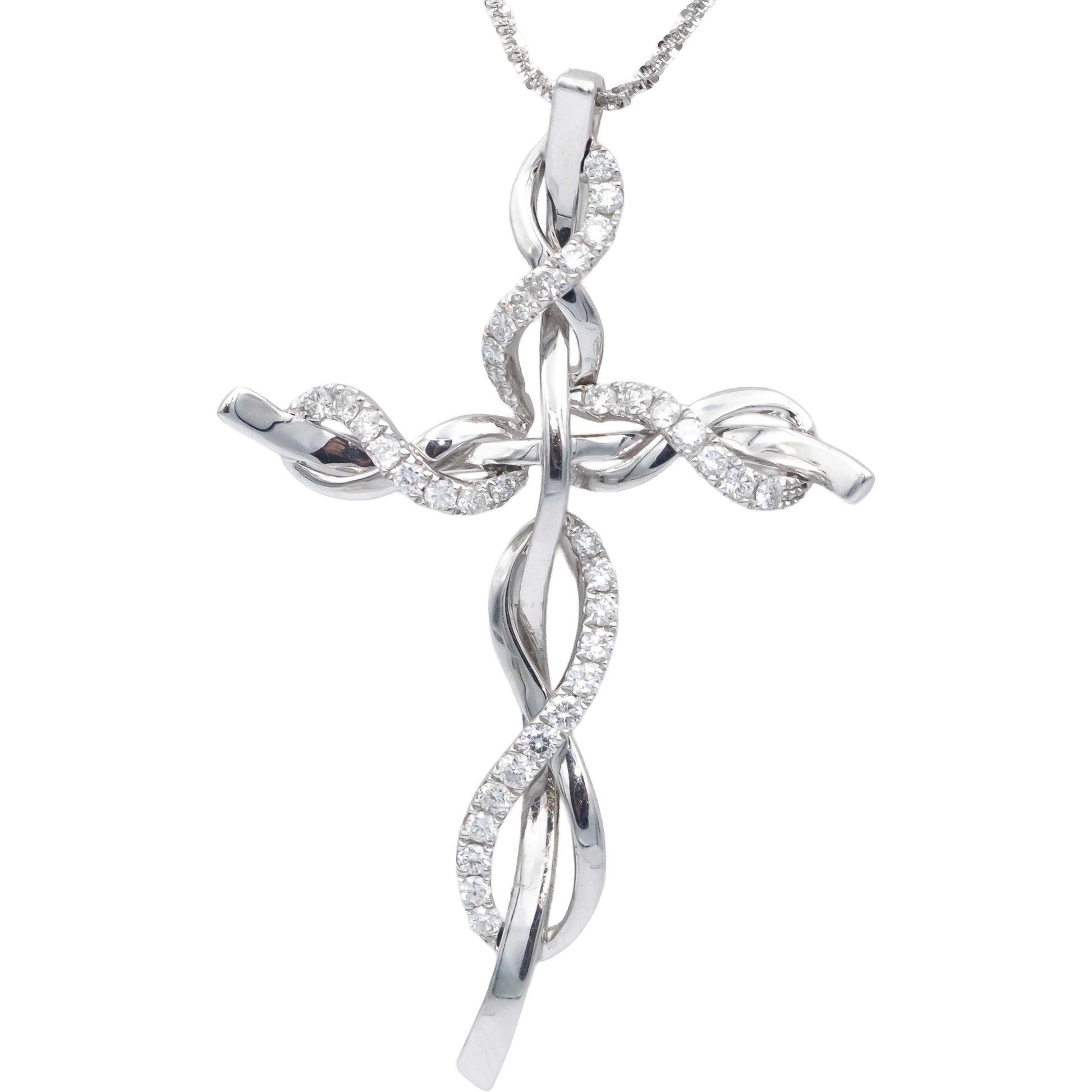 18k & 14k White Gold Diamond Twisted Link Cross Crucifix Pendant Necklace 0.62CT
