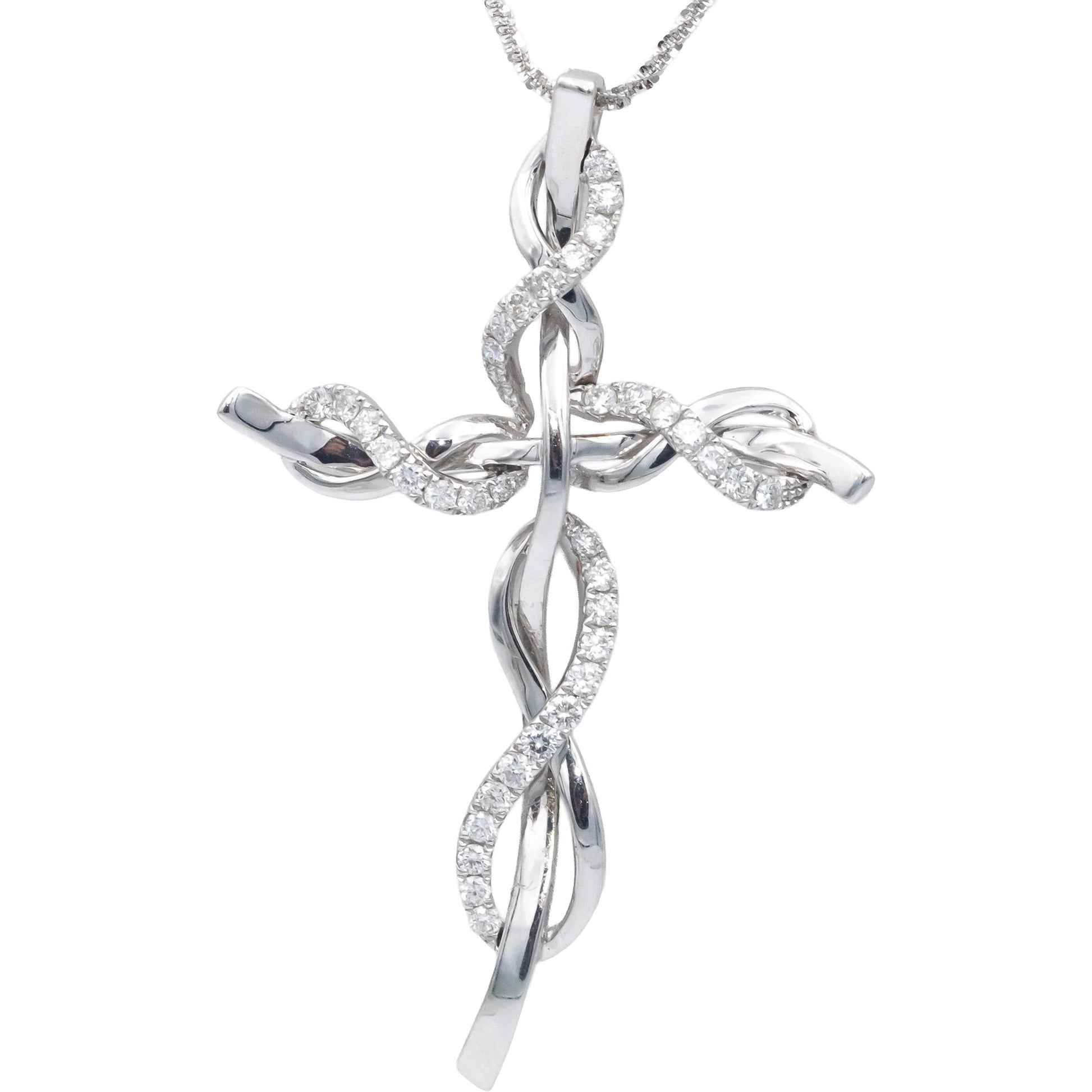 18k & 14k White Gold 0.62CT Diamond Twisted Link Cross Crucifix Pendant Necklace