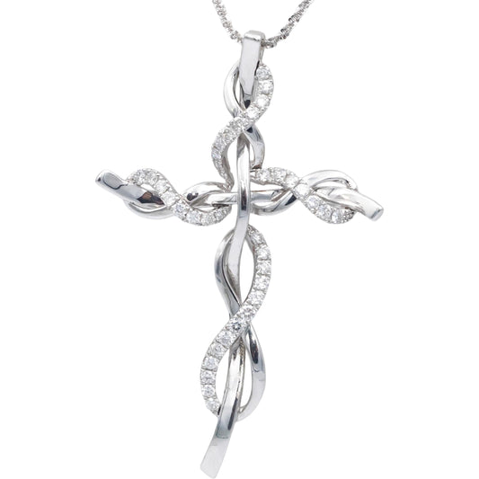 18k & 14k White Gold 0.62CT Diamond Twisted Link Cross Crucifix Pendant Necklace