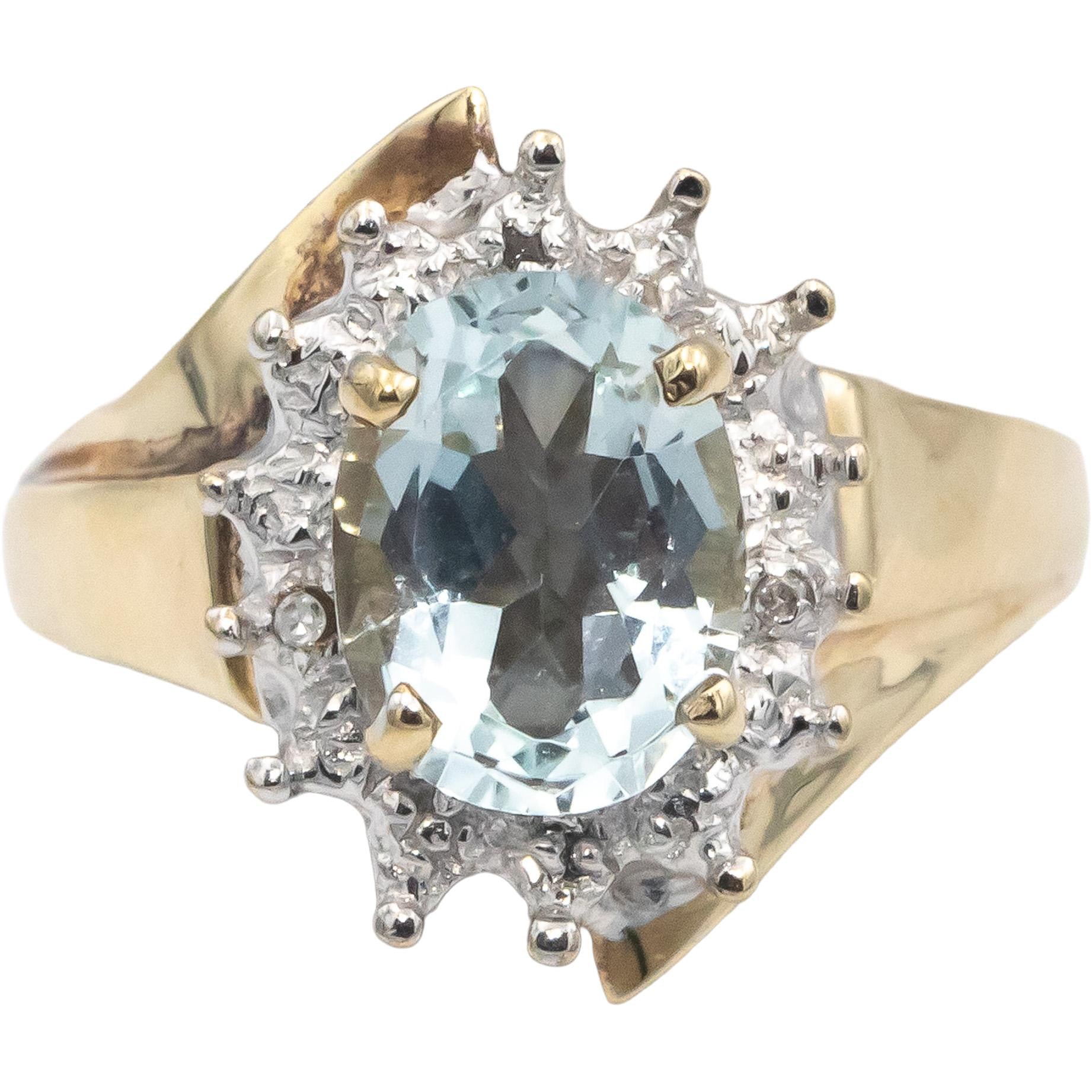 Aquamarine 10k Yellow & White Gold Halo Ring 2.0CT Size 6 w/ Diamond Accents