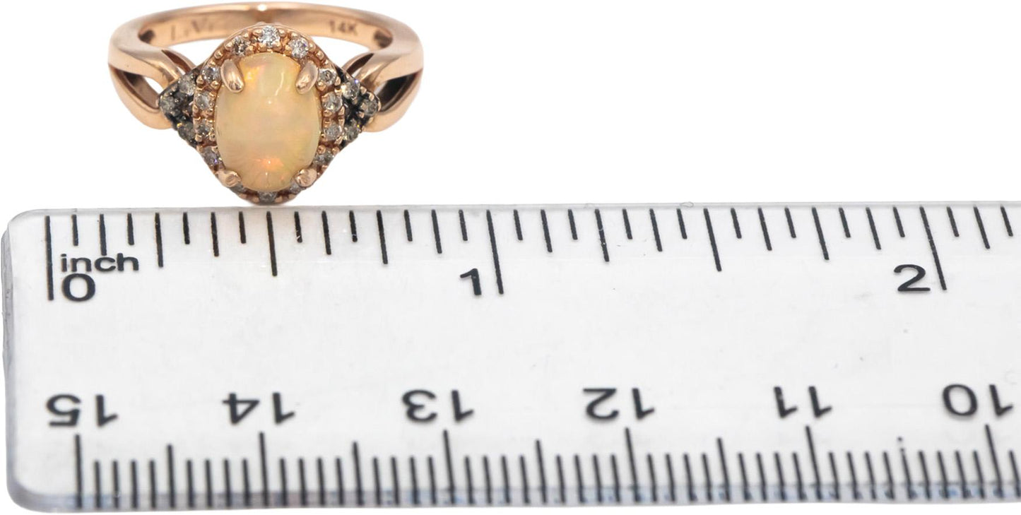 LE VIAN 14k Rose Gold Oval Cabochon Opal & Diamond Ring 0.15CT Size 4.25