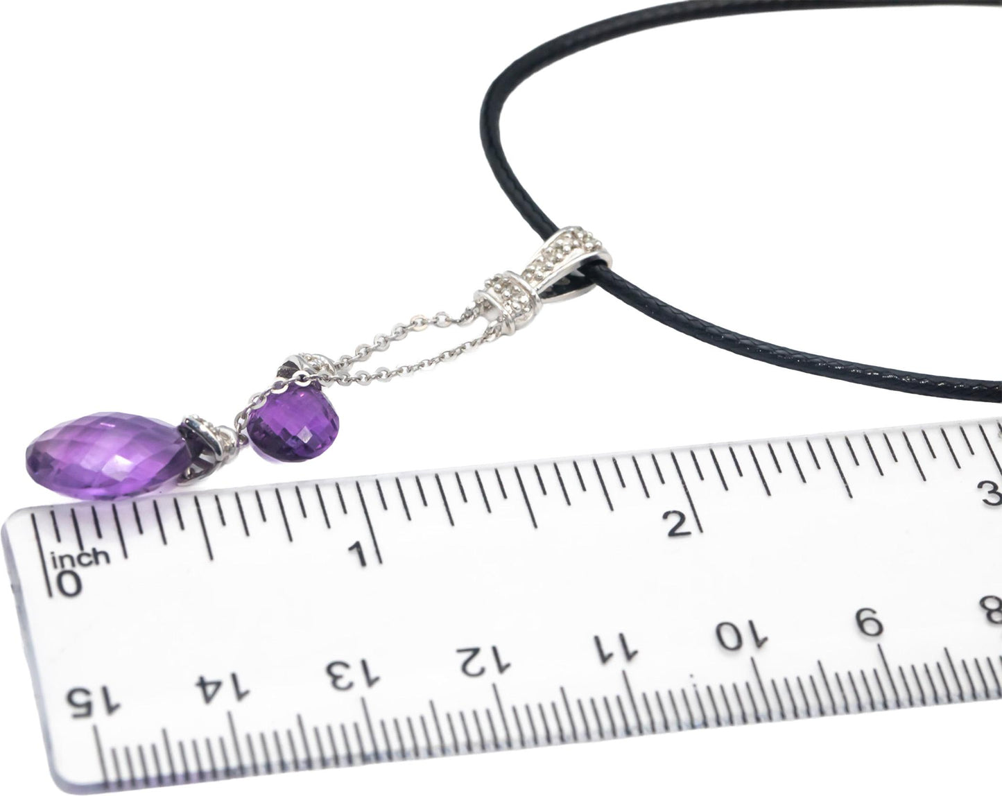 14k White Gold Briolette Amethyst Round Diamond Dangle Pendant Necklace