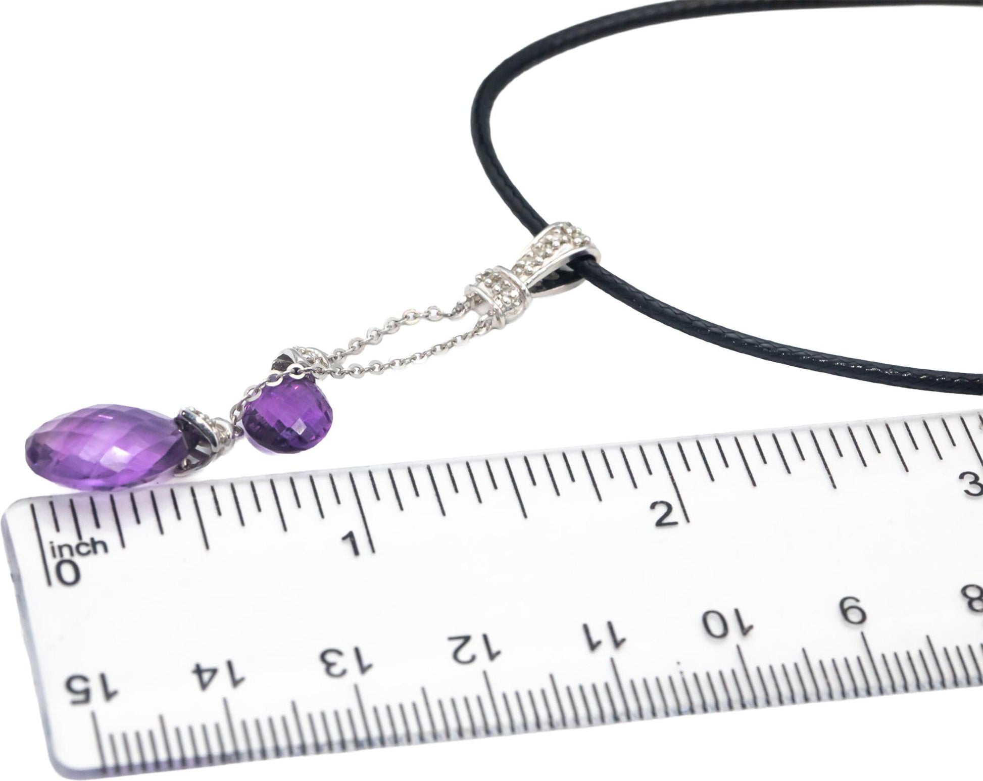 14k White Gold Briolette Amethyst Round Diamond Dangle Pendant Necklace