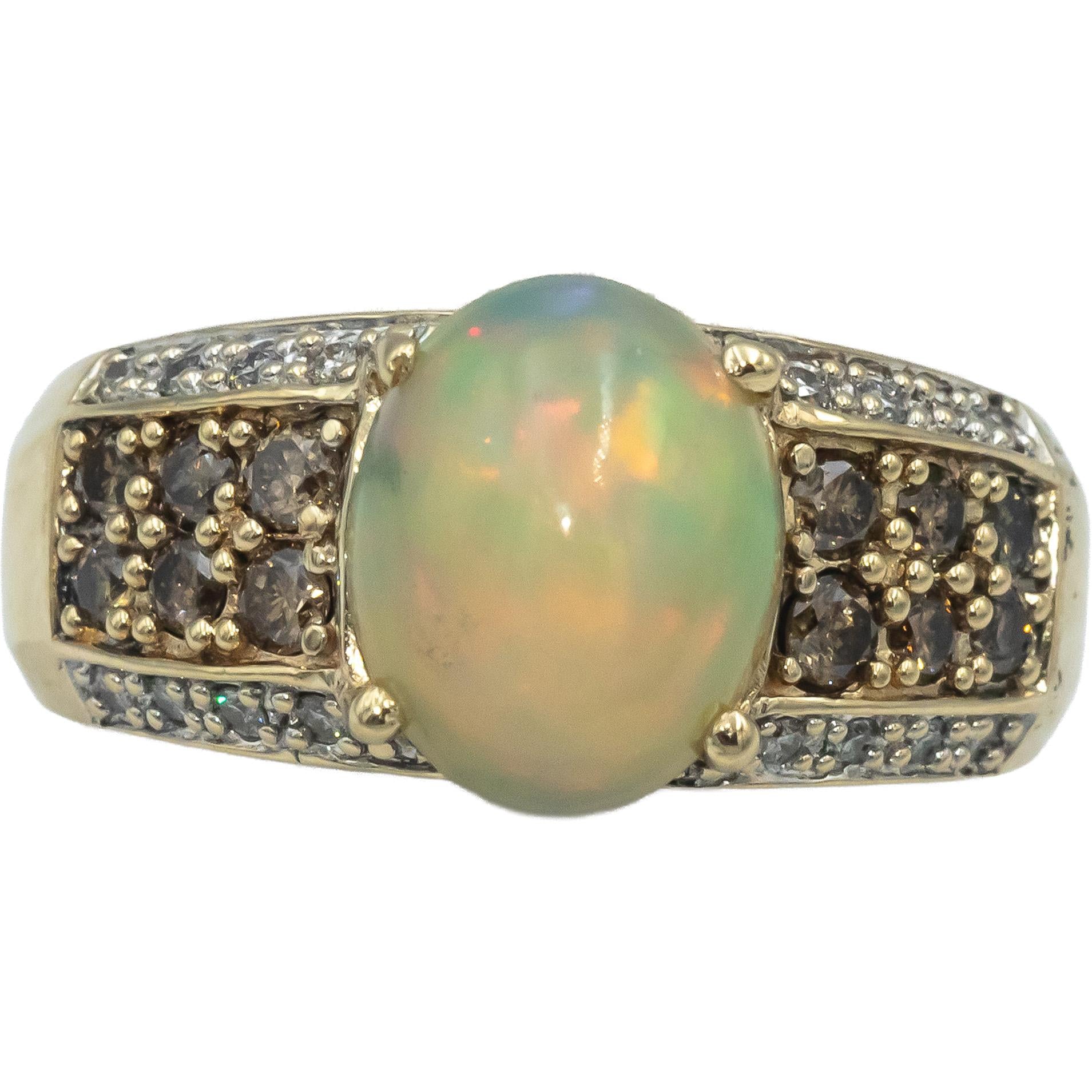 14k Yellow Gold Round Diamond and Cabochon Opal Cocktail Ring 2.96CT Size 9