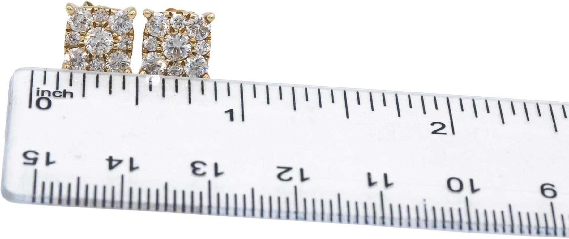 Round Diamond 10k Yellow Gold Cluster Square Shaped Stud Earrings 1.50CT