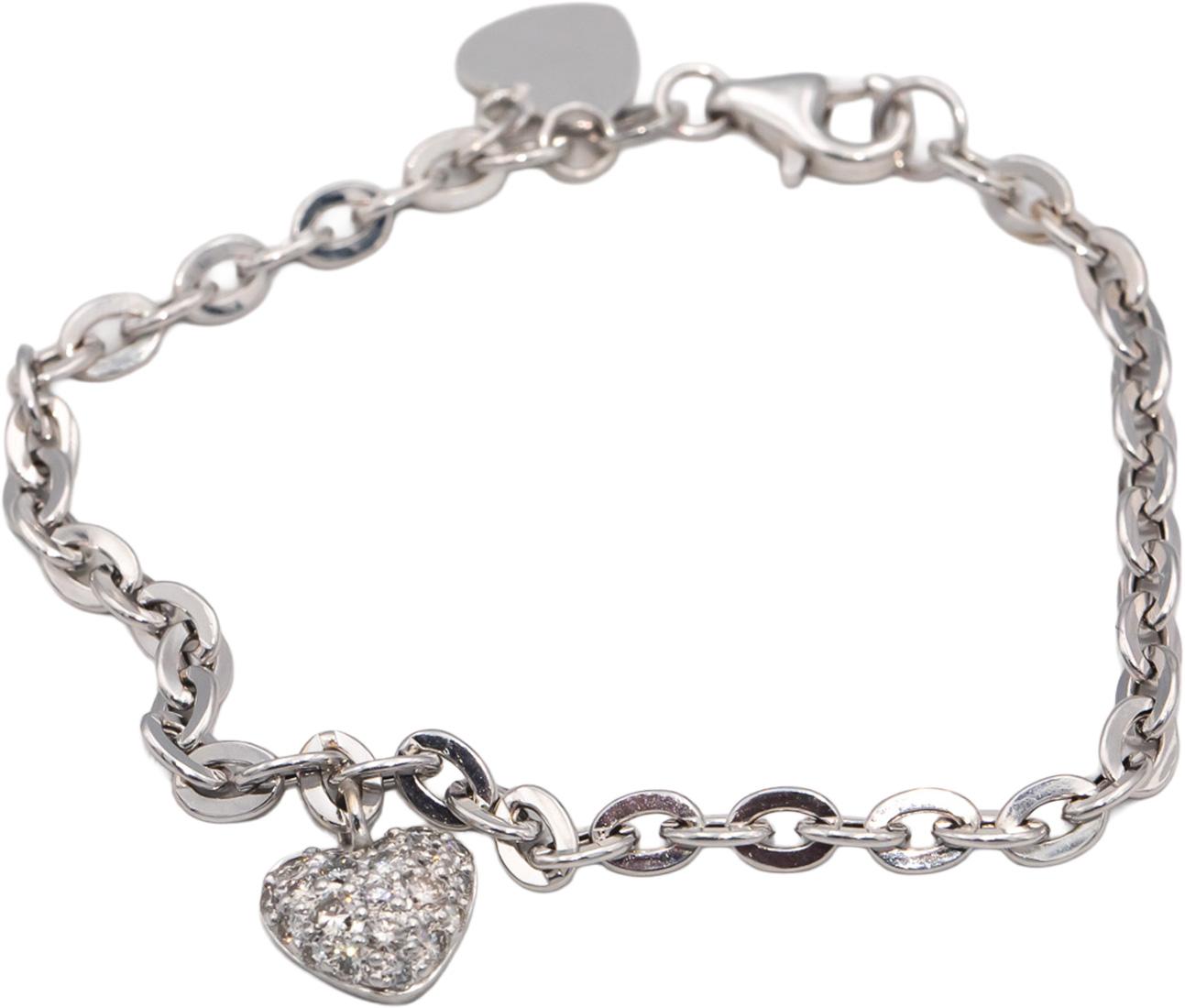 14k White Gold VS Round Diamond Heart Dangle Charm Chain Bracelet 0.25CT