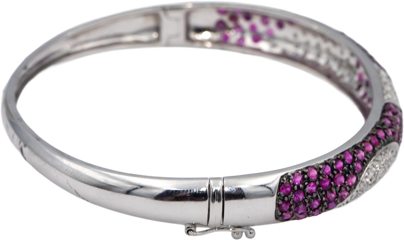 14k White Gold Round Diamond & Ruby Cluster Bangle Bracelet 4.25CTW