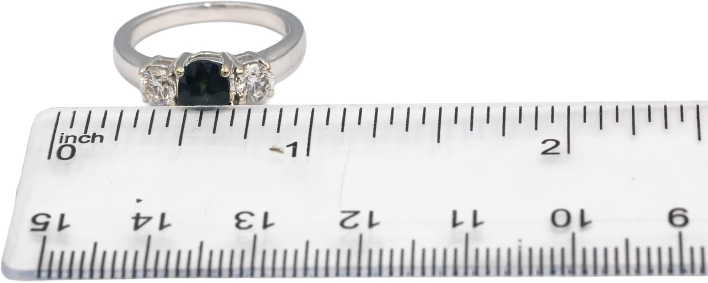 14k White Gold Oval Sapphire & Round Diamond Three Stone Engagement Ring 1.72CT