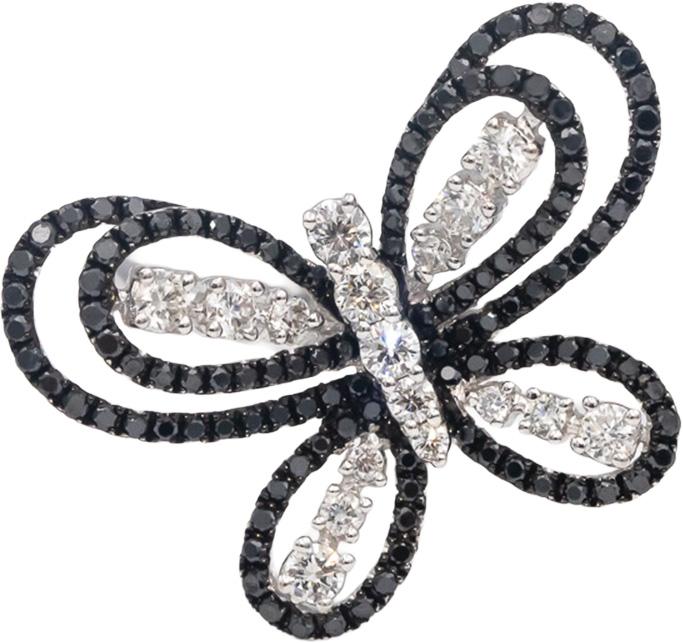 14k White Gold Round Black & White Diamond Butterfly Ring 1.0CT Size 7.5