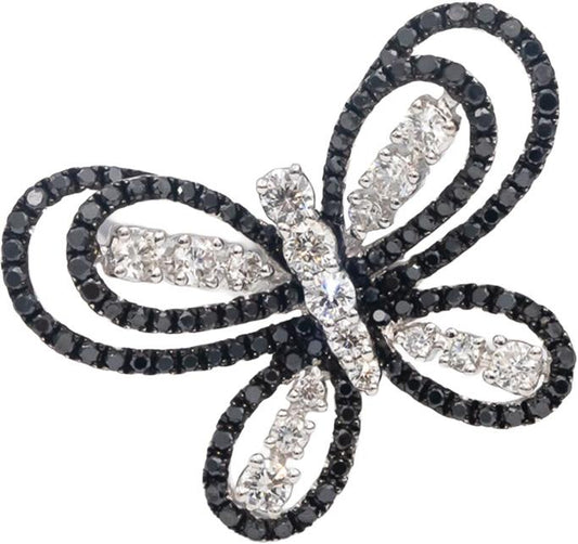 14k White Gold Round Black & White Diamond Butterfly Ring 1.0CT Size 7.5