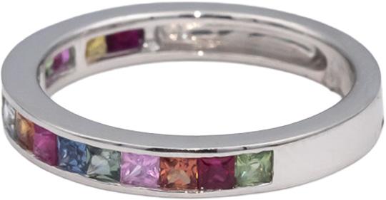 18k White Gold Square Channel Set Rainbow Sapphire Band Ring 1.10CT Size 7.5