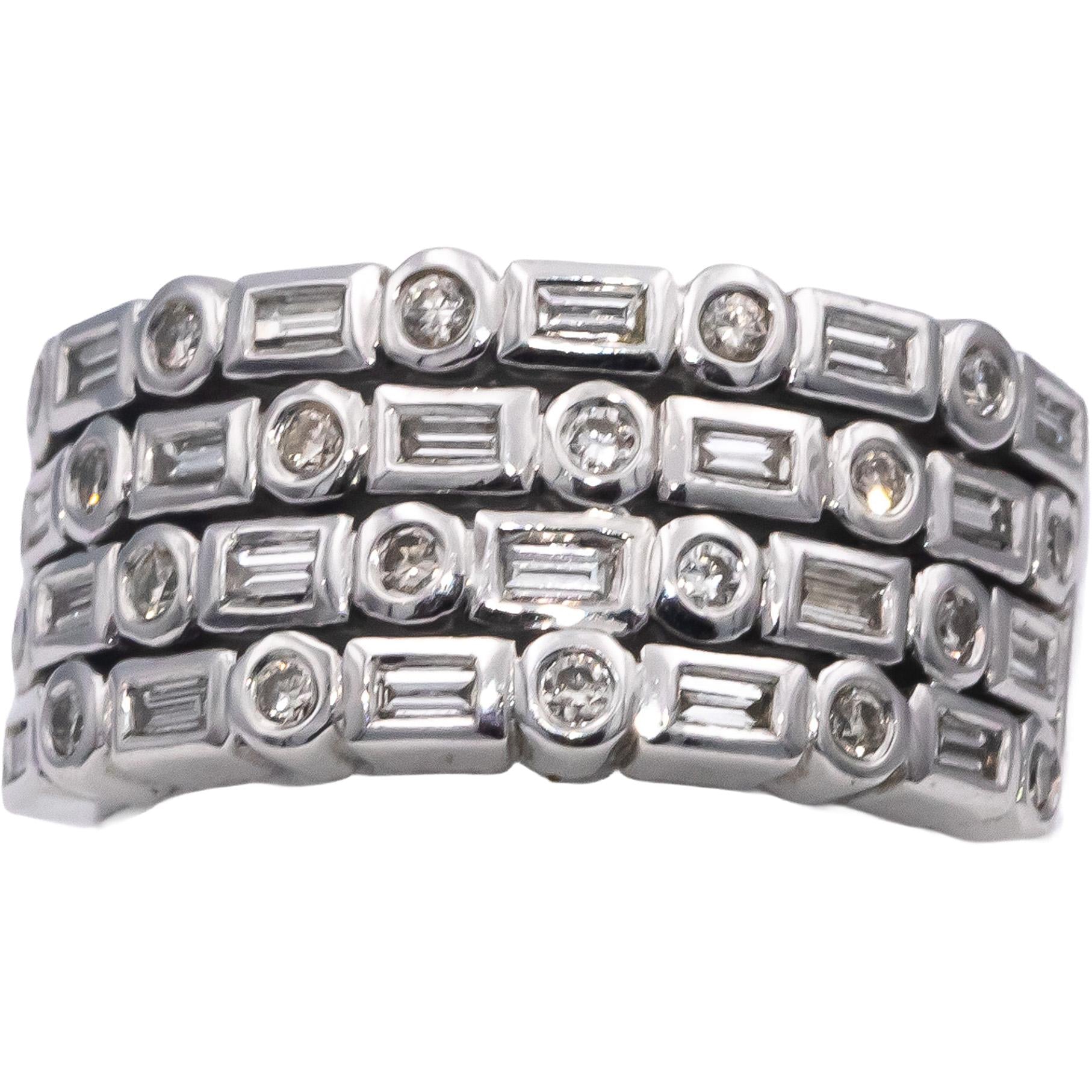 18k White Gold VS Round & Emerald Cut Diamond Wide Band Ring 0.61CT Size 6.75