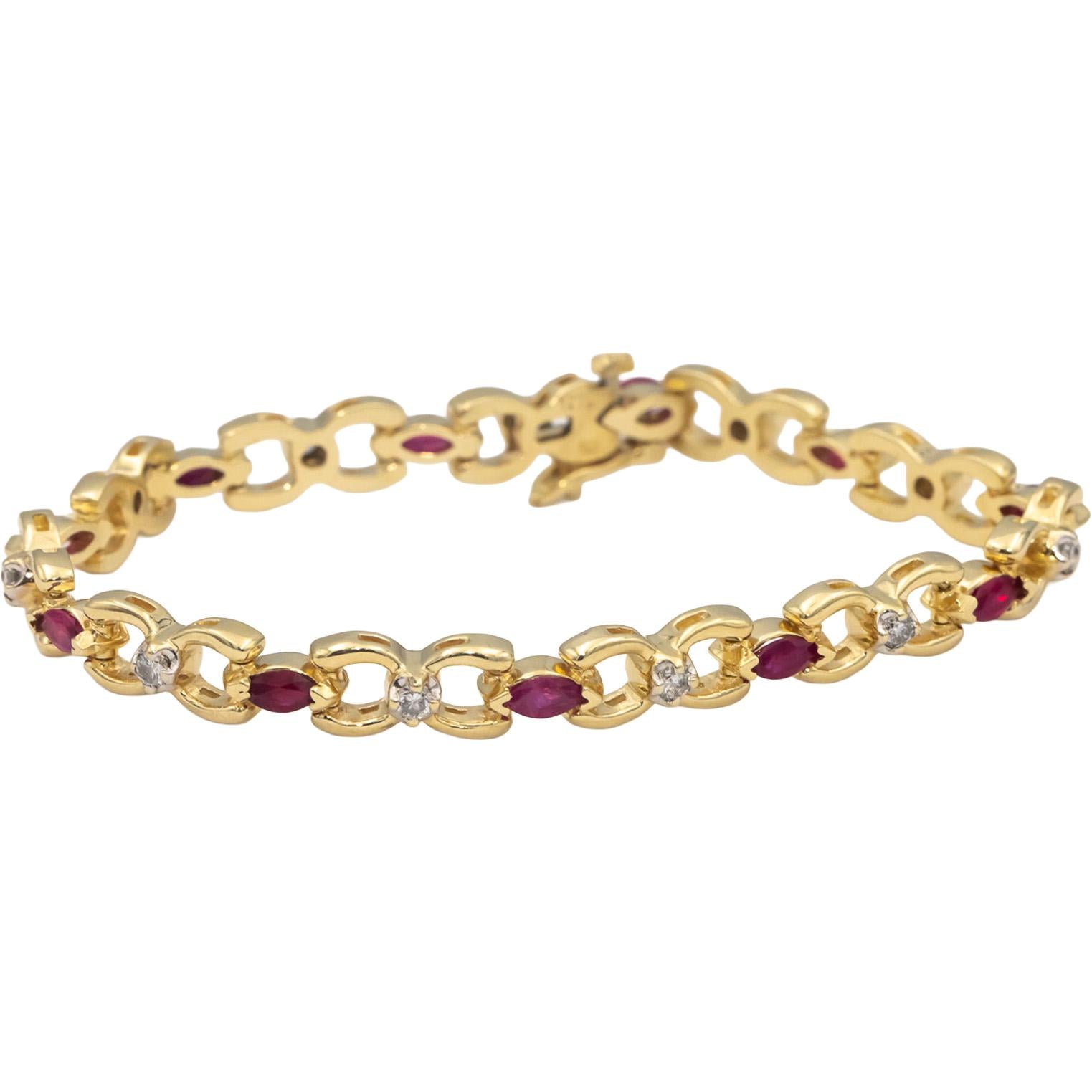 14k Yellow Gold Marquise Ruby Round Diamond Fancy Link Bracelet 1.55CT