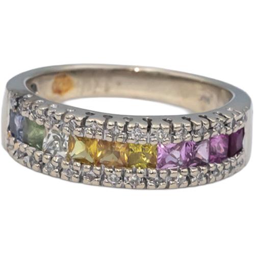 14k White Gold Rainbow Sapphire & Diamond Band Ring 1.50CT Size 7.25