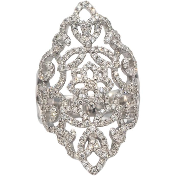 14k White Gold Round Diamond Filigree Cocktail Ring 1.25CT Size 7