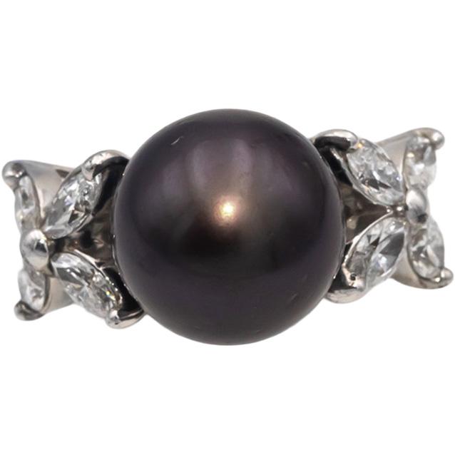 14k White Gold Marquise Diamond 12.7mm Black Tahitian Pearl Ring 1.50CT Size 7