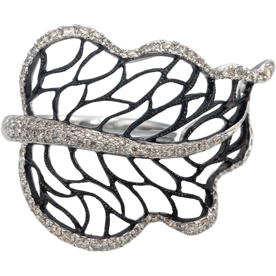 14k White Gold Round Diamond Floral Openwork Leaf Cocktail Ring 0.50CT Size 6.5