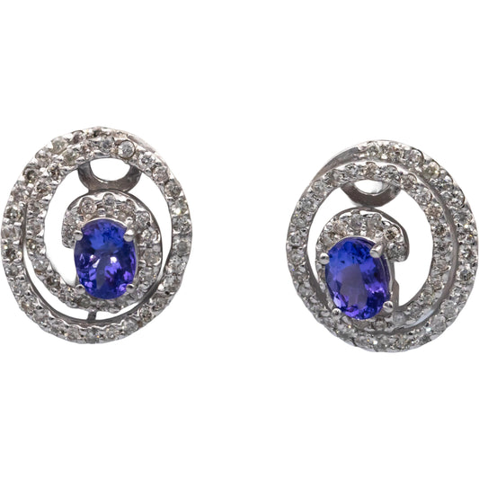 14k White Gold Oval Tanzanite Round Diamond Spiral Earrings 4.0CTW