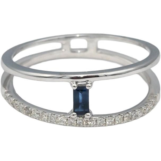 18k White Gold Diamond Emerald Cut Sapphire Split Band Ring .21CT Size 7.25