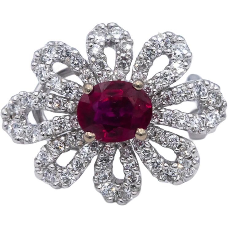 18k White Gold Oval Ruby Round Diamond Flower Earrings 2.42CT