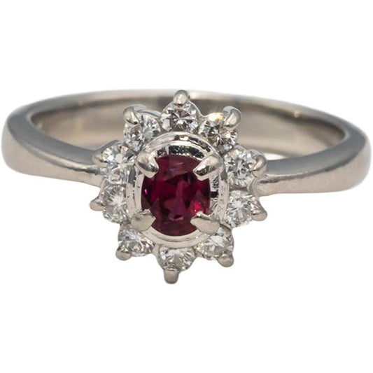 Platinum Round Diamond Oval Ruby Halo Ring 0.63CT Size 5.5