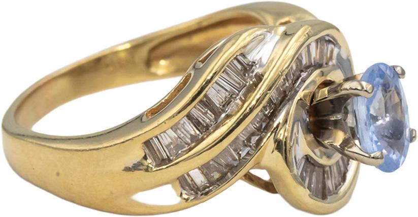 14k Yellow Gold Baguette Diamond & Oval Cut Blue Sapphire Swirl Ring 1.87CTW