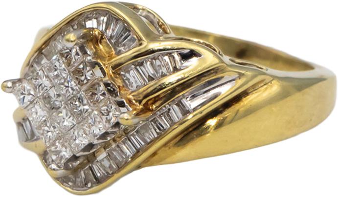 14k Yellow & White Gold Princess & Baguette Diamond Cocktail Ring 1.0CT Size 6.5