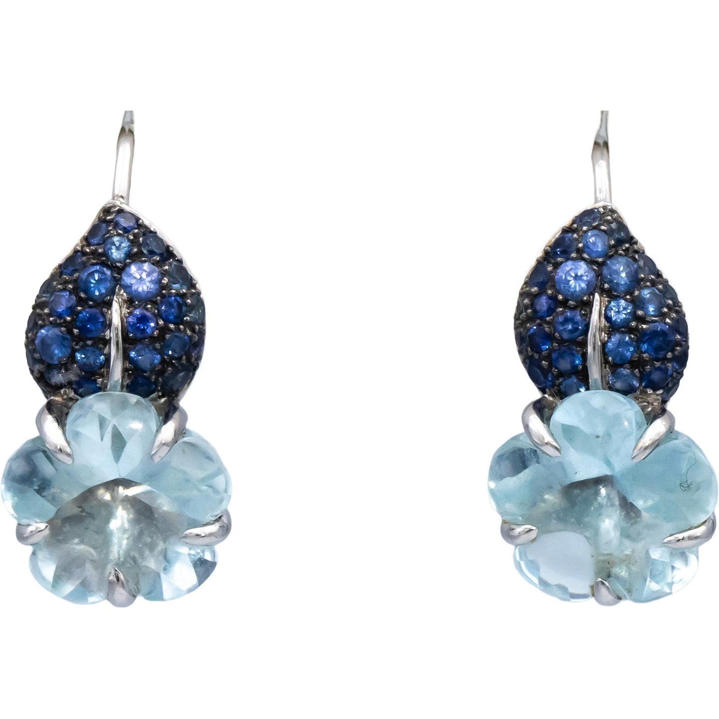 CHANEL Vintage 18k White Gold Camelia Aquamarine & Sapphire Flower Earrings