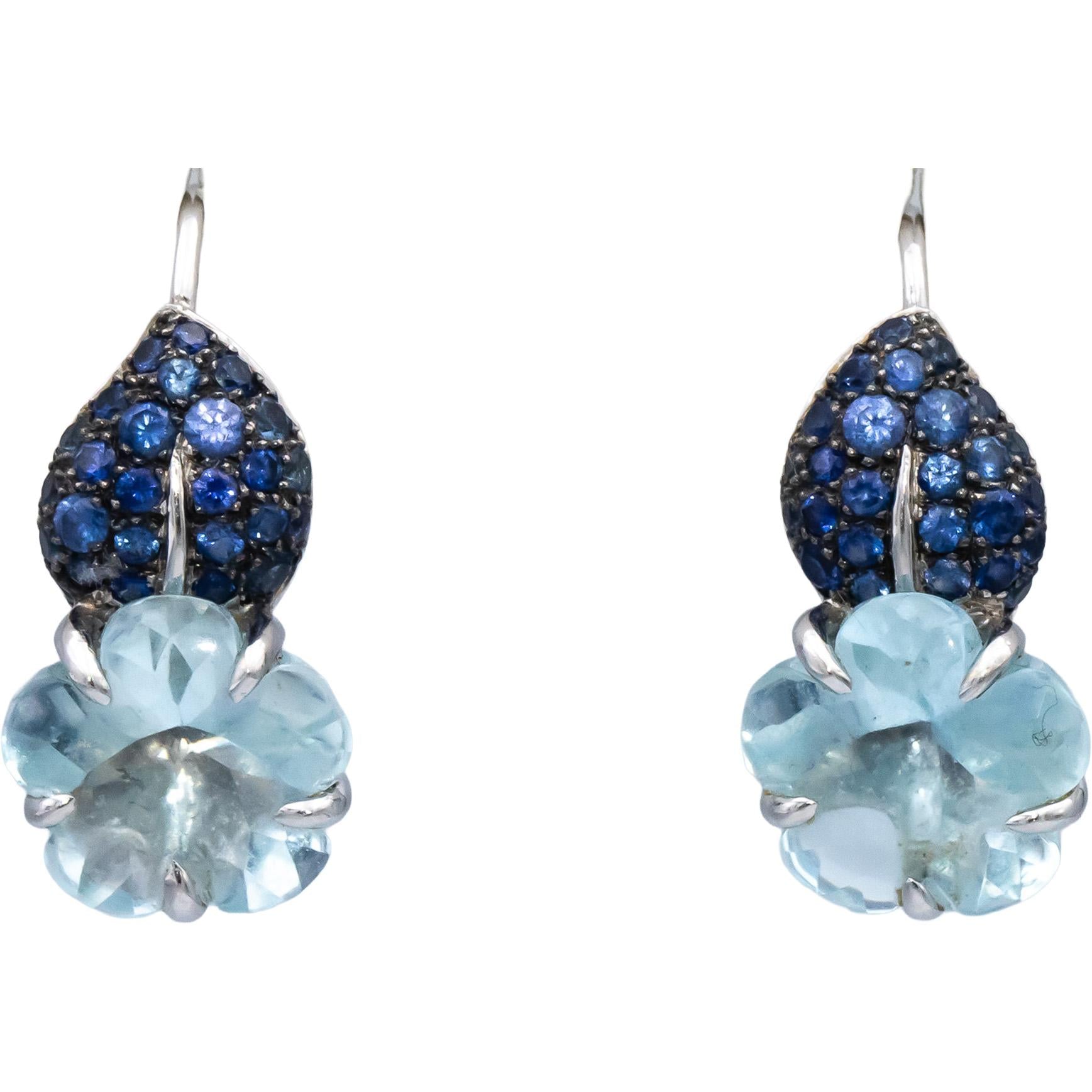 CHANEL Vintage 18k White Gold Camelia Aquamarine & Sapphire Flower Earrings