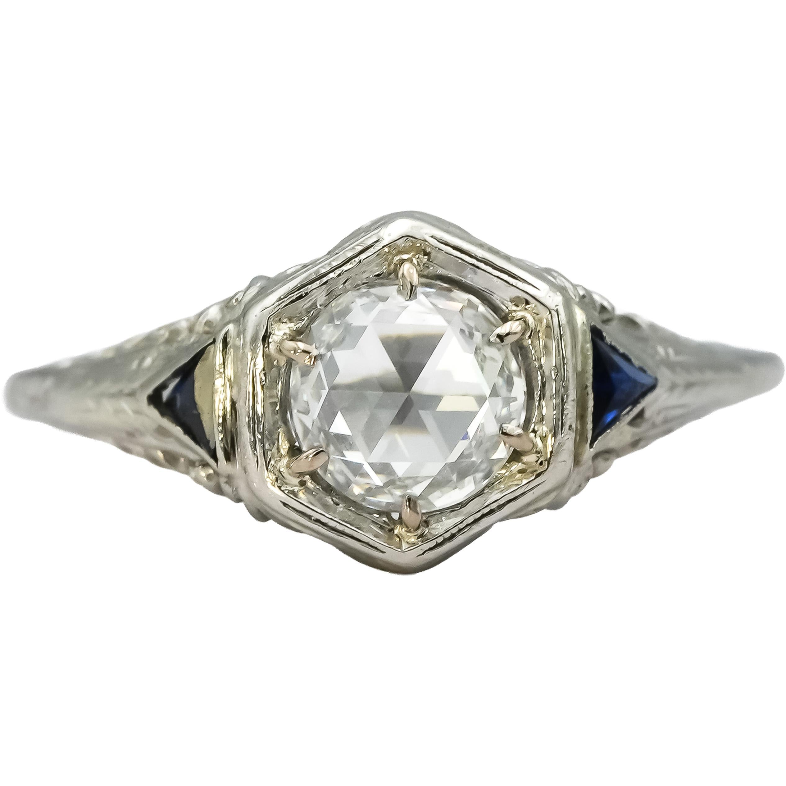 GIA Vintage Antique 18k White Gold VS1/G Diamond & Sapphire Filigree Ring .78CT