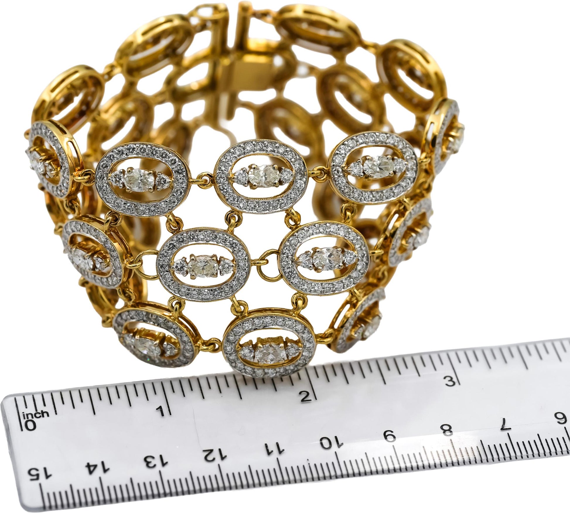 18k Yellow Gold Round and Oval Cut Diamond Halo Link Wide Bracelet 22.0CT