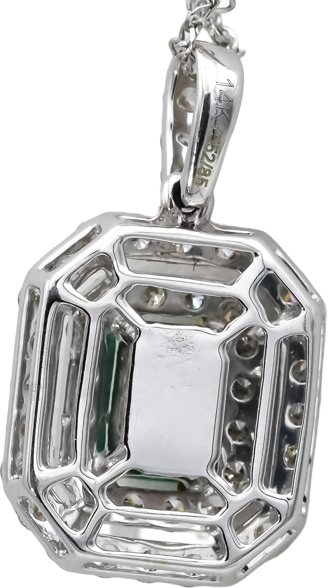 14k White Gold Diamond and Emerald Pendant Necklace 1.15CTW