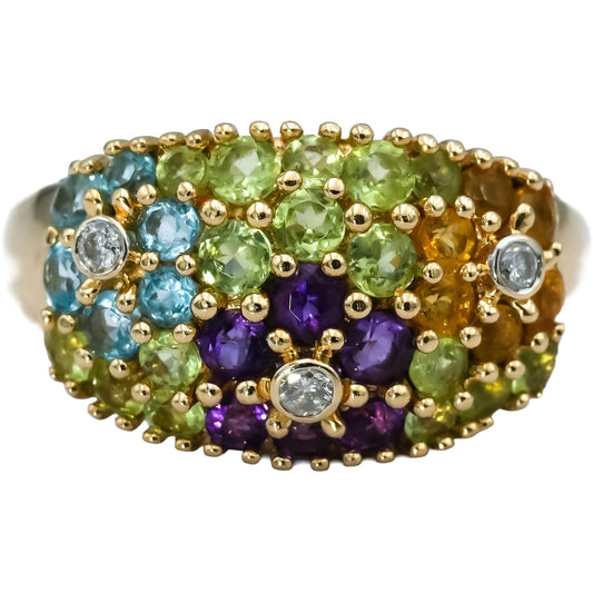 14k Yellow Gold Diamond and Assorted Gemstone Cluster Ring 0.05CT Size 6.5