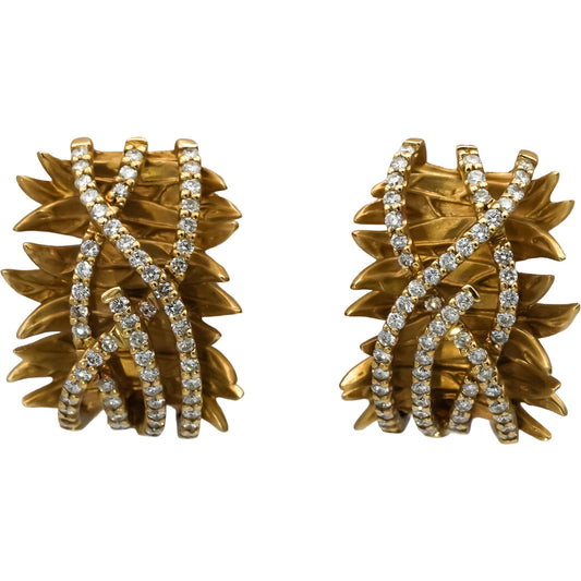 14k Yellow Gold Round Diamond Floral Curved Earrings 1.50CT