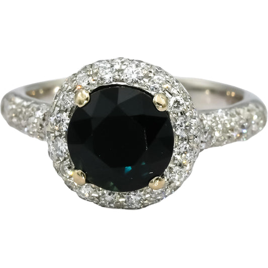 18k White Gold Diamond and Blue Sapphire Halo Cocktail Ring 3.0CT Size 4.5