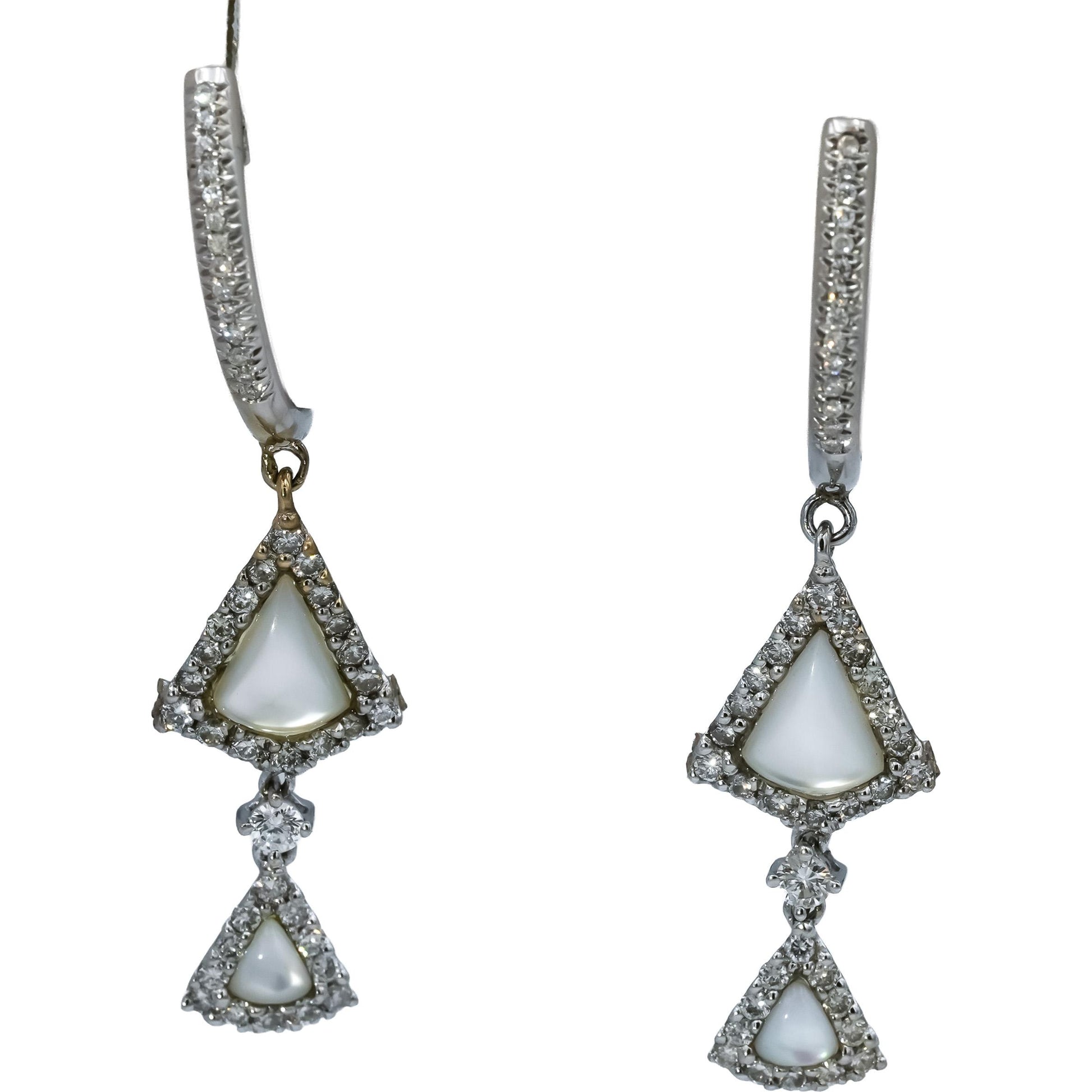 18k White Gold VS Diamond and Mother of Pearl Drop Dangle Earrings 0.70CT