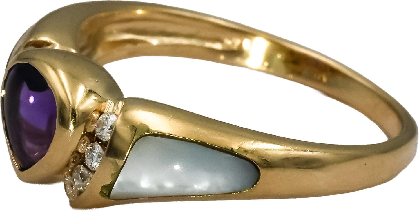 14k Yellow Gold Diamond Amethyst Mother of Pearl Cocktail Ring 0.16CT Size 8