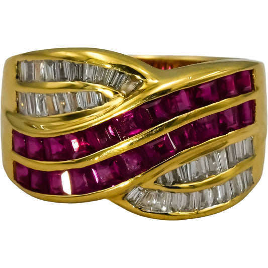 LE VIAN 18k Yellow Gold Diamond and Ruby Crossover Band Ring 2.0CT Size 7