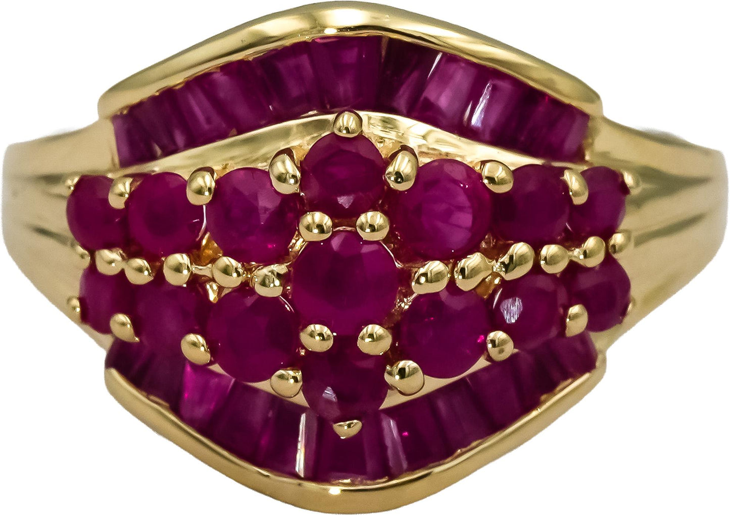 14k Yellow Gold Round and Baguette Cut Ruby Cocktail Ring 1.50CT Size 9.25