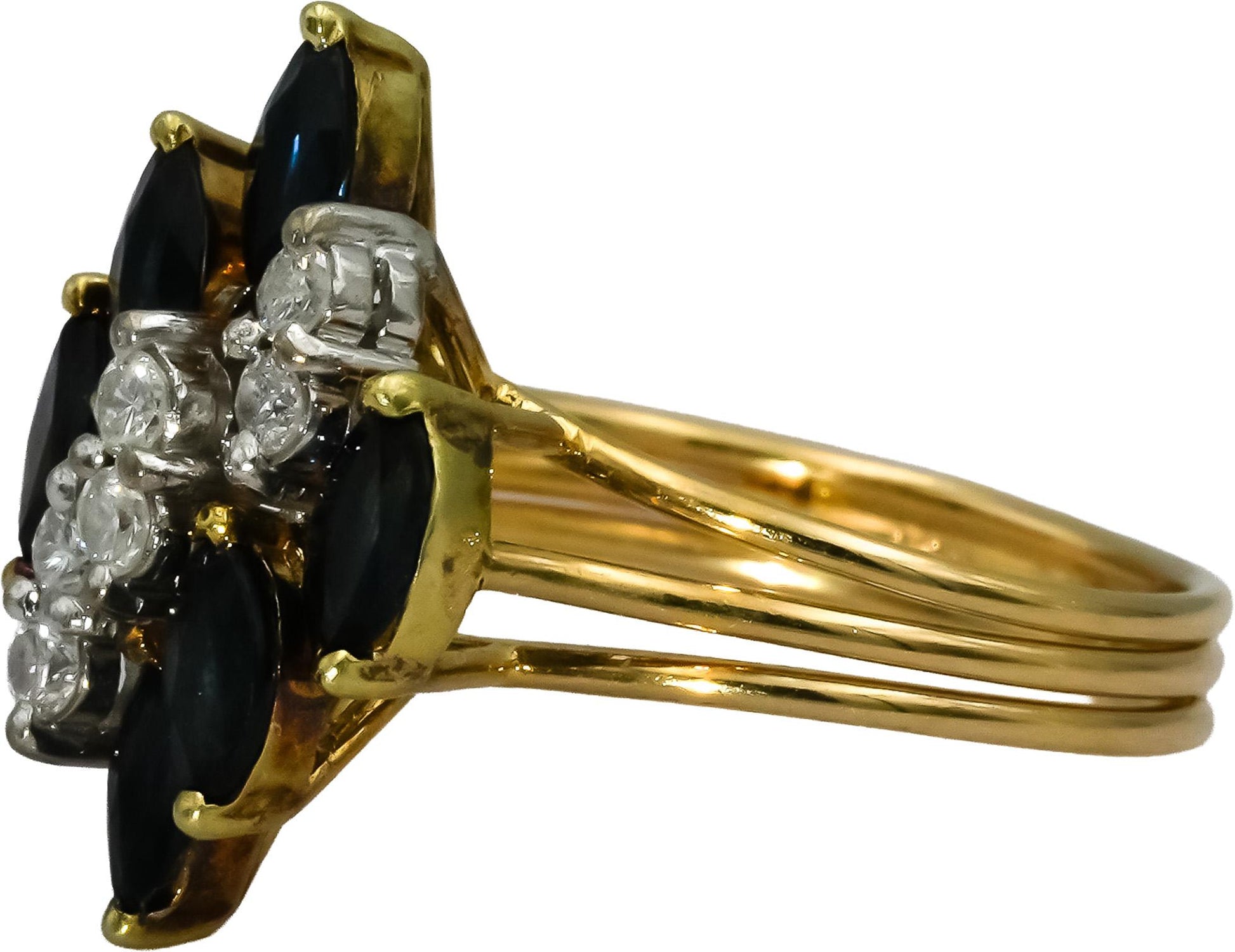 14k Yellow Gold Round Diamond Marquise Sapphire Cocktail Ring 1.05CT Size 7