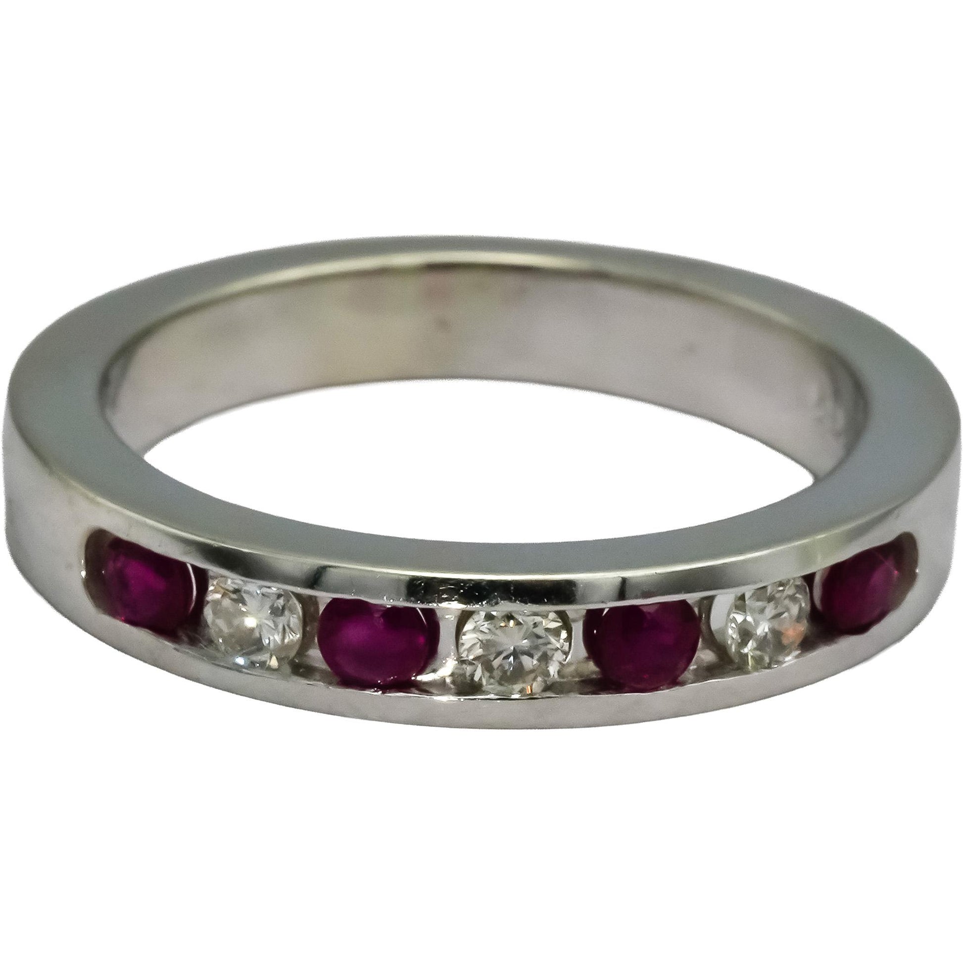 14k White Gold Round Channel Set Ruby and Diamond Band Ring 0.35CT Size 6.75