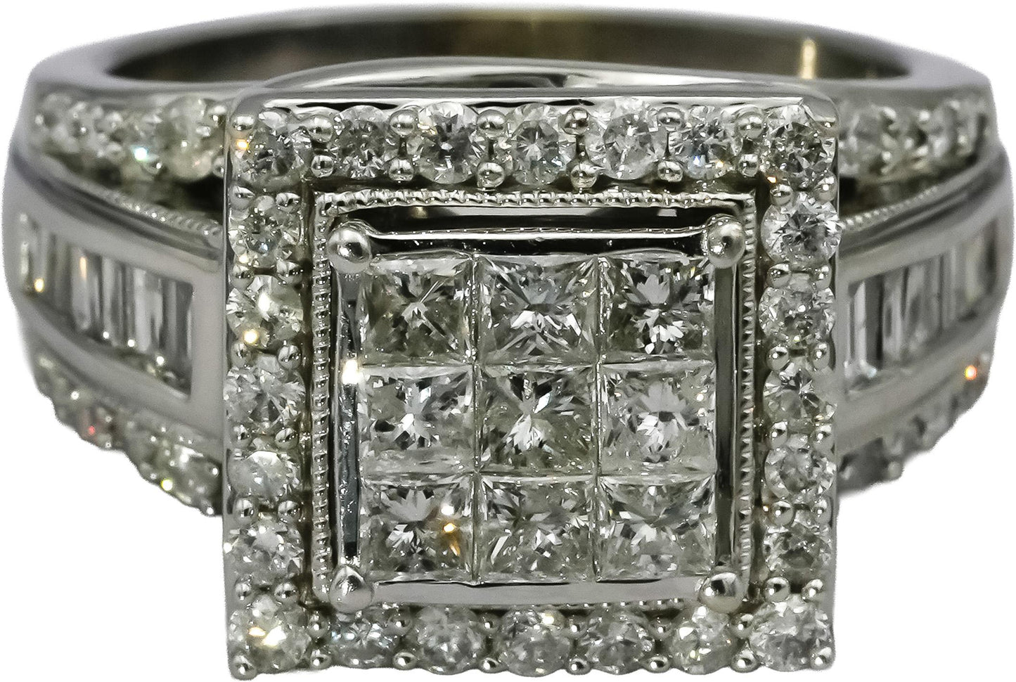 10k White Gold Princess Baguette Round Diamond Cluster Ring 2.0CT Size 8
