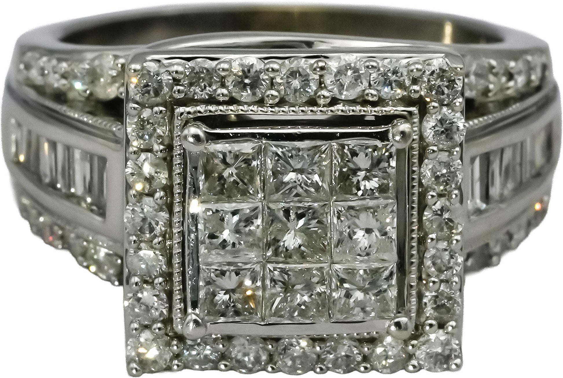 10k White Gold Princess Baguette Round Diamond Cluster Ring 2.0CT Size 8