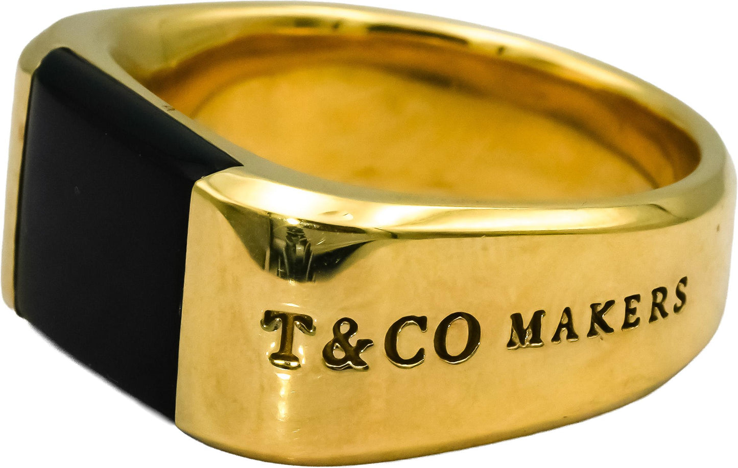 TIFFANY & CO. 18k Yellow Gold 1837 Makers Black Onyx Signet Men's Ring Size 13.5