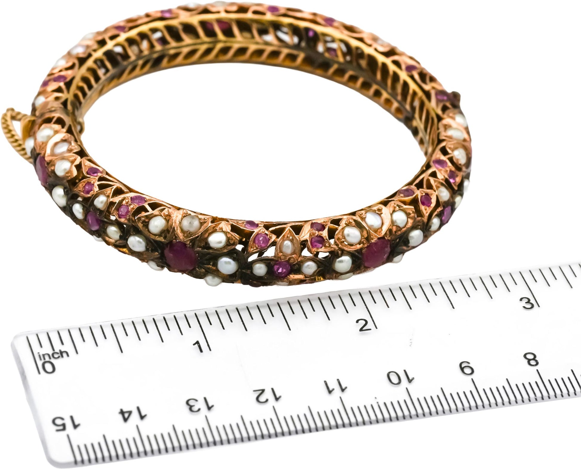 12-14k Gold and Sterling Silver Sapphire Ruby Pearl Bangle Bracelet 3.0CT