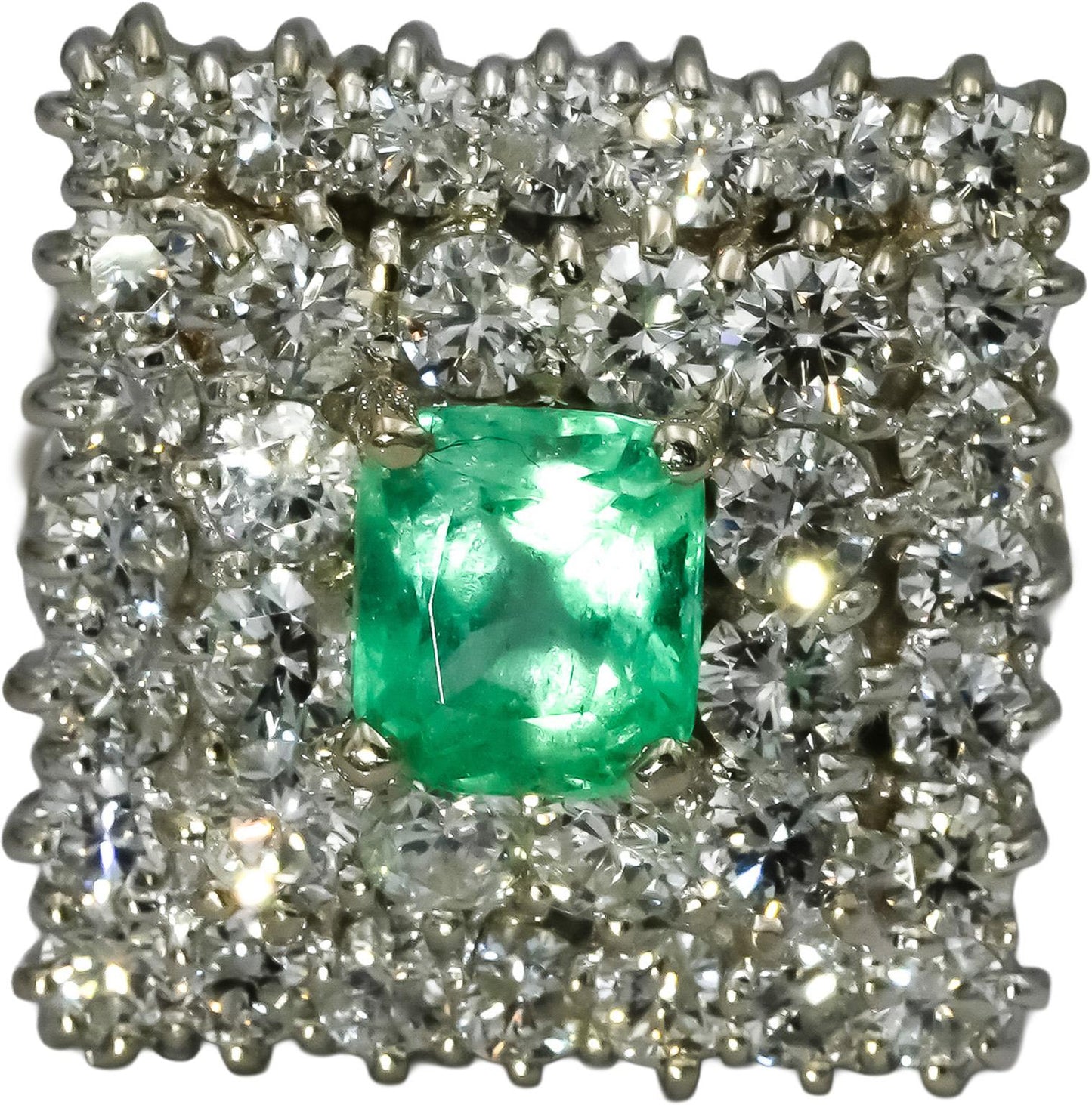 14k White Gold Round Diamond and Cushion Emerald Cocktail Ring 1.90CT Size 6.75