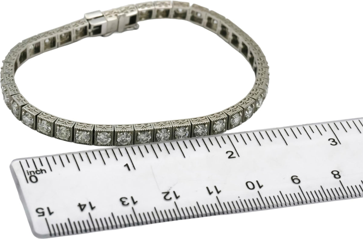 Vintage Platinum VS Diamond Tennis Bracelet w/ Scroll Etching Sides 6.67CT