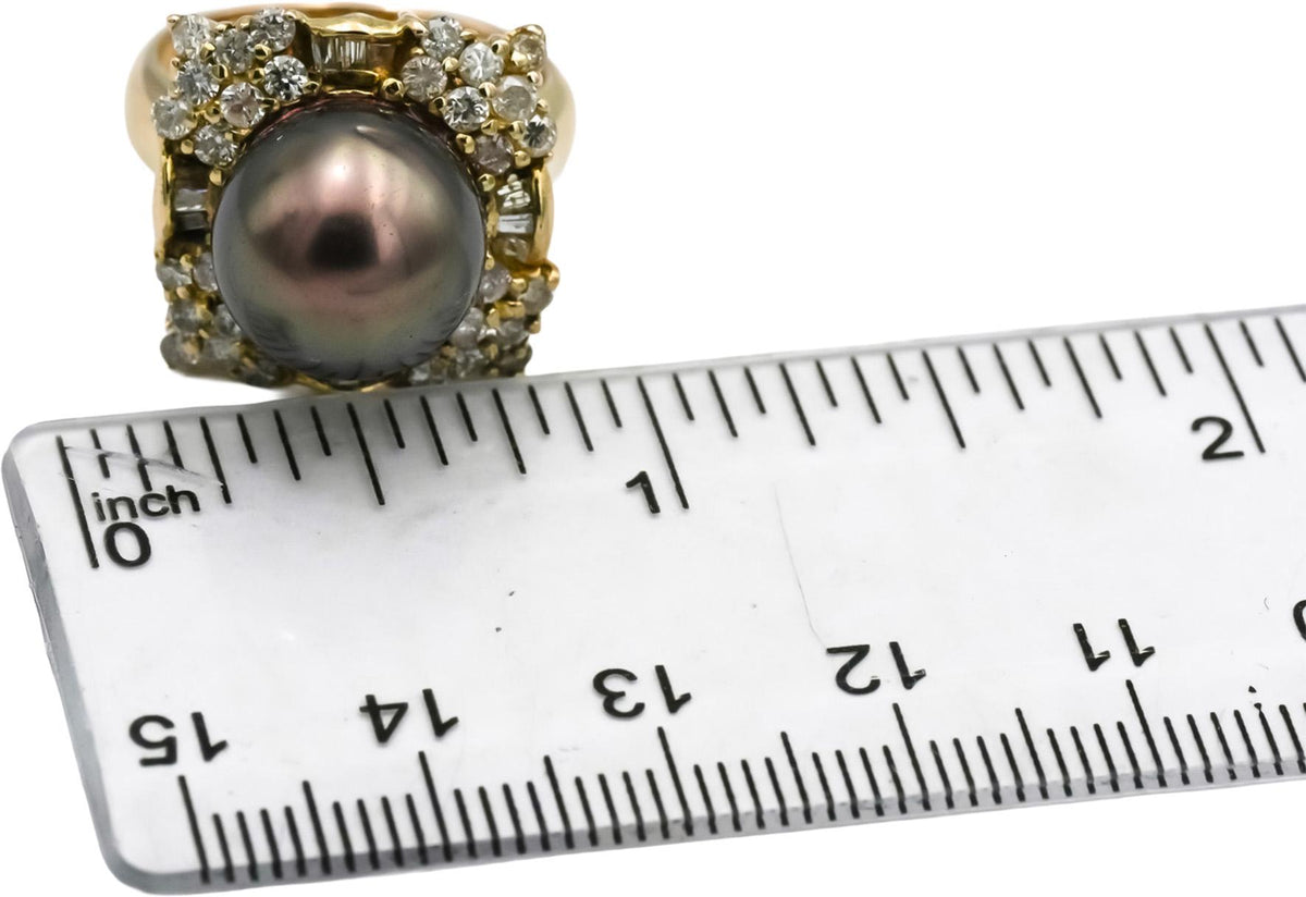 18k Yellow Gold Diamond and 11.5mm Black Tahitian Pearl Ring 1.25CT Size 6