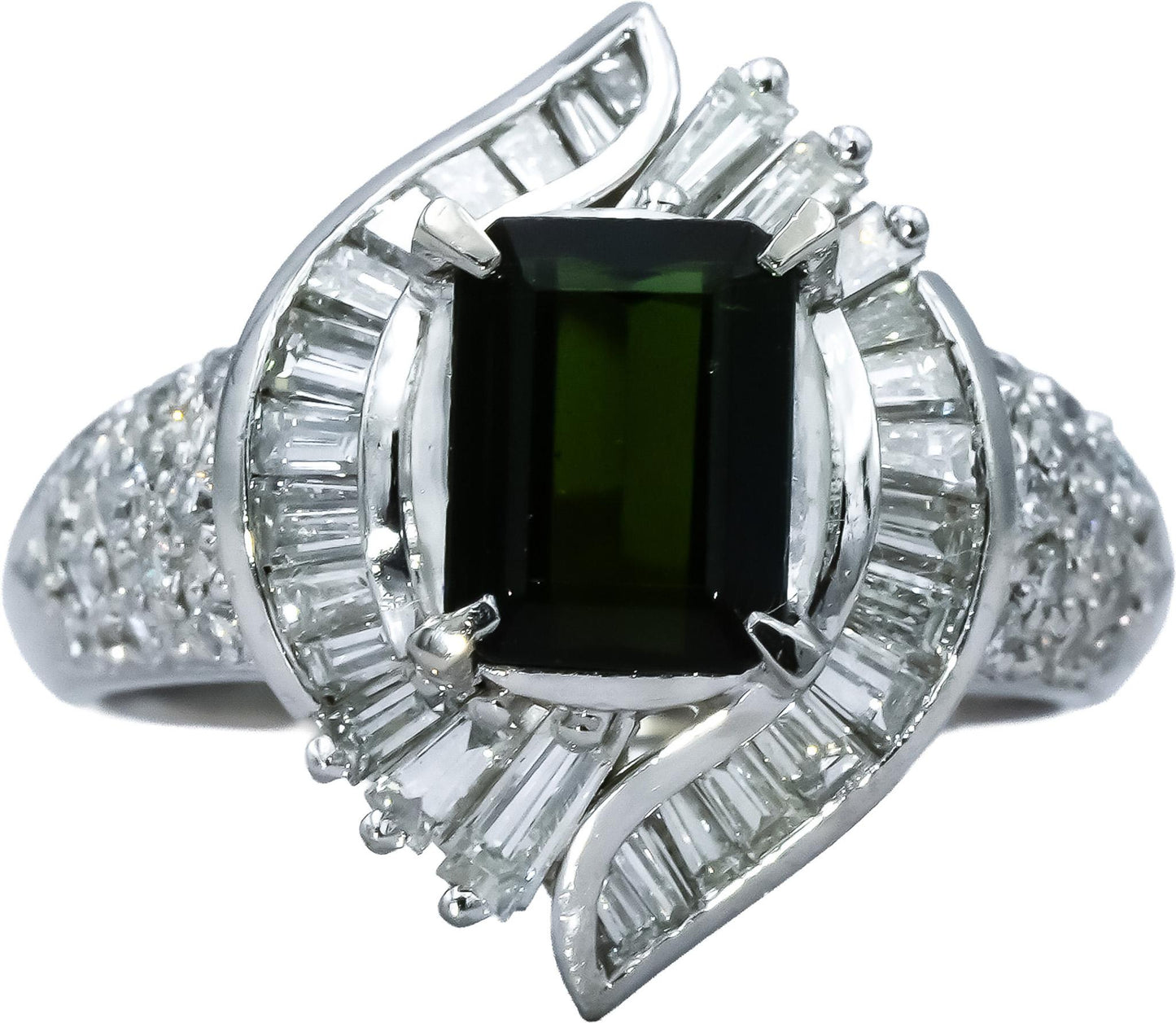 Platinum 900 VS Diamond and Green Tourmaline Cocktail Ring 2.60CT Size 6