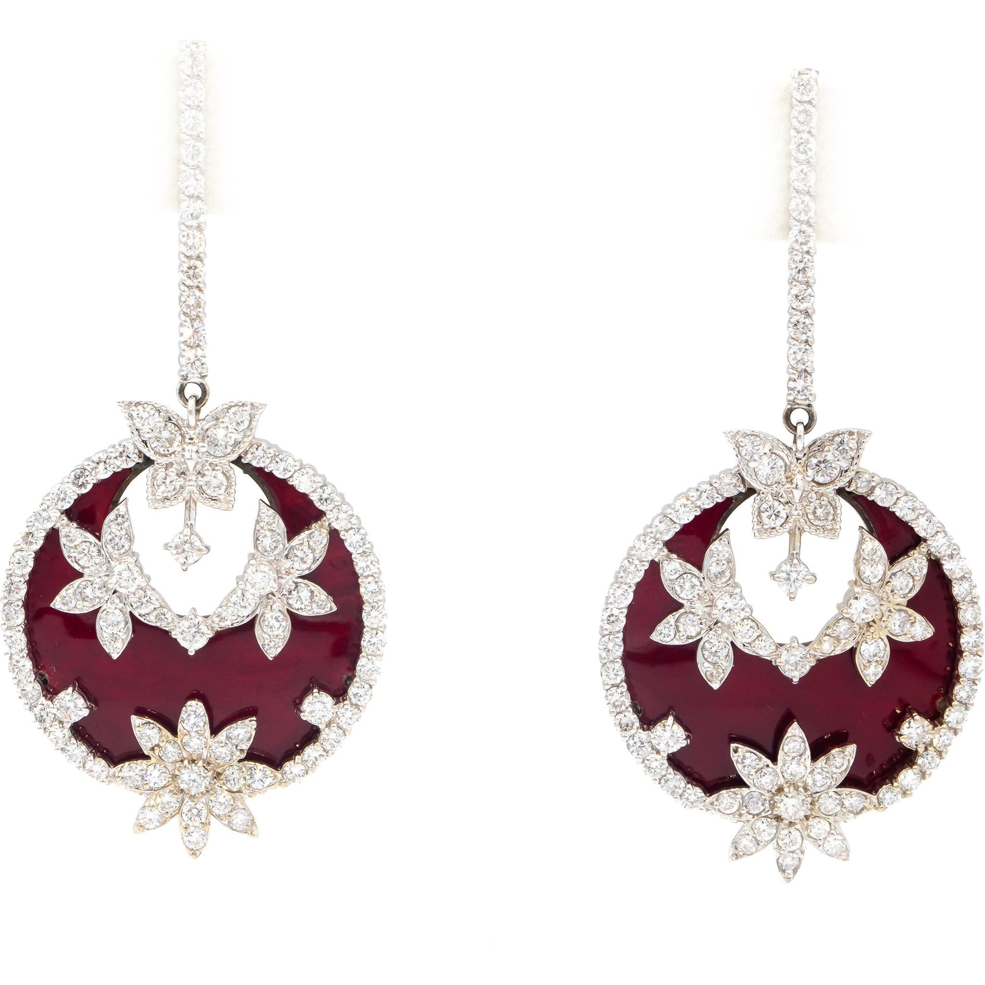 STAMBOLIAN 18k White Yellow Gold VS Diamond and Enamel Floral Earrings 8.20CT